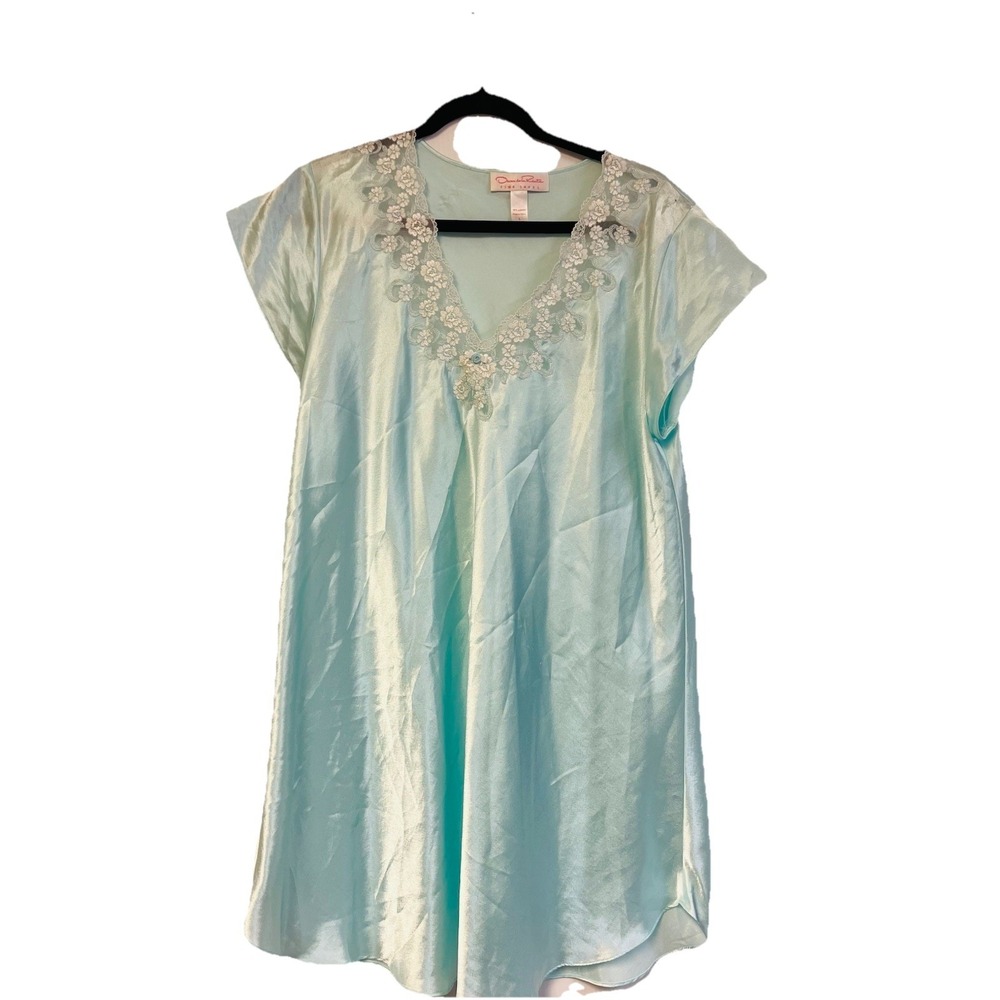 Vintage Oscar de la Renta Pink Label Seafoam Blue Satin Nightgown Lace Trim